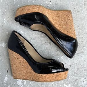 Jimmy Choo patent leather peep toe cork wedge